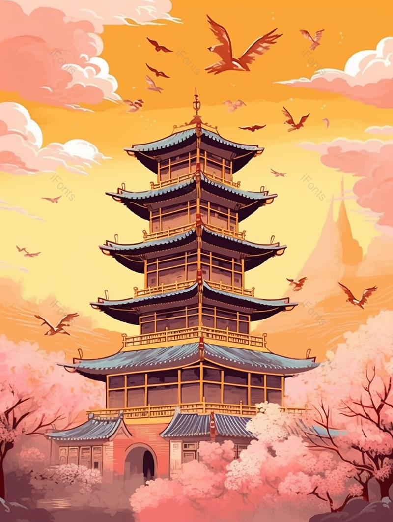 国风武汉黄鹤楼樱花仙鹤插画背景,插画/手绘图,插画/手绘图库,插画/手绘图下载,插画/手绘